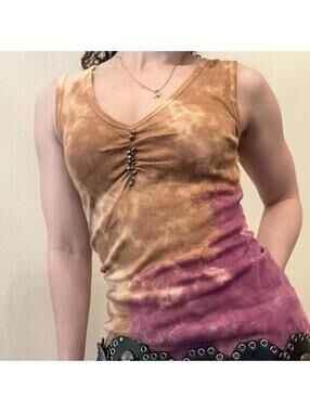 New Boho Tank Top Tie Dye Tan Purple Cotton Beaded Size Medium By Ash & Sara